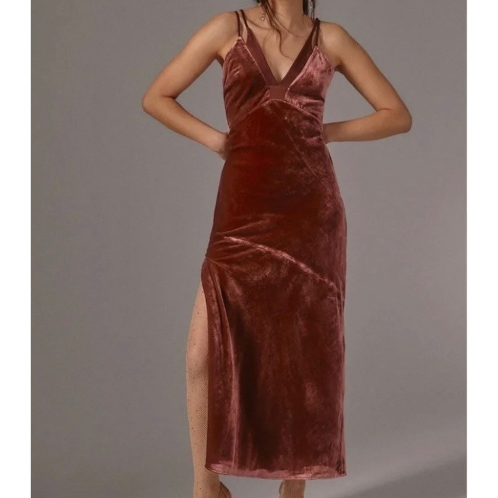 Anthropologie Red Velvet Maxi Dress Size 6 V-Neck Spaghetti Strap Side Slit